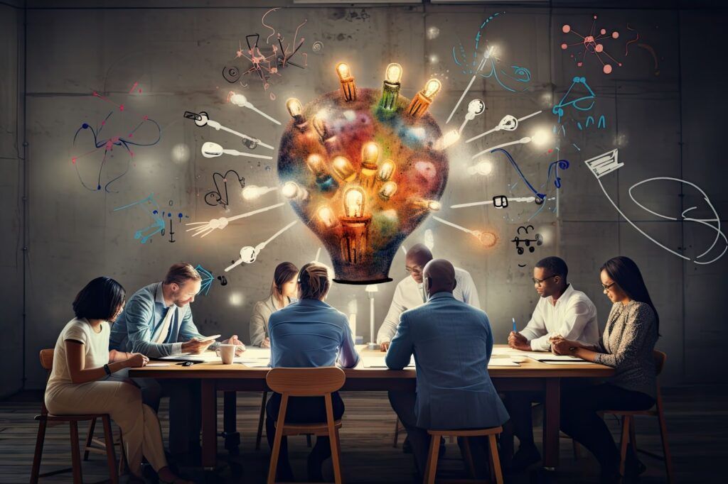 A group of people collaborating at a table with a colorful lightbulb and creative sketches on the wall behind them.