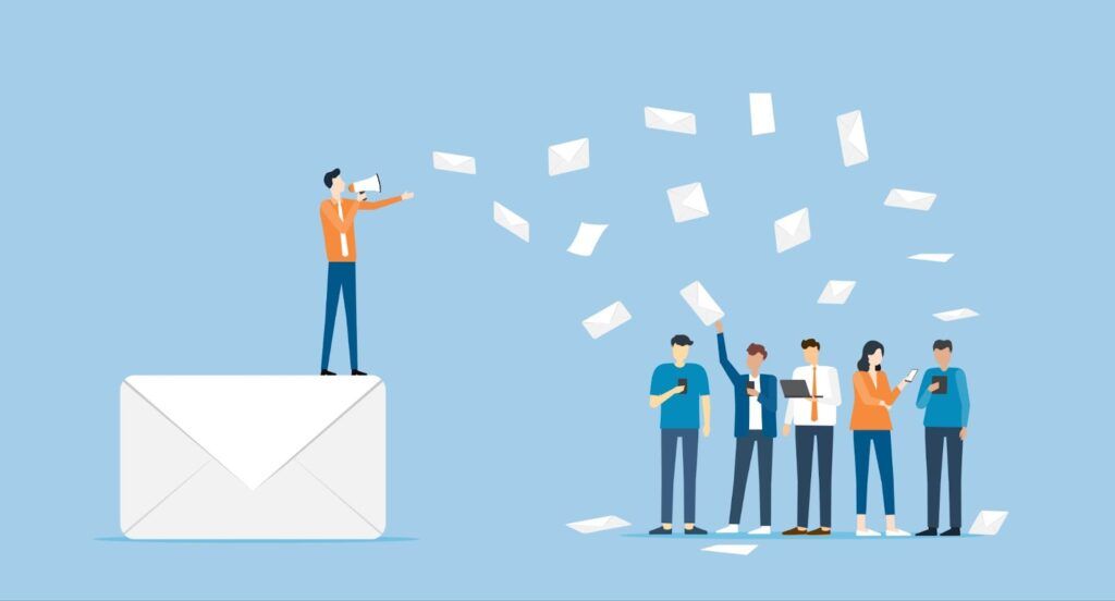 An illustration of a person with a megaphone on a large envelope, sending emails to a group of people holding devices, against a light blue background.