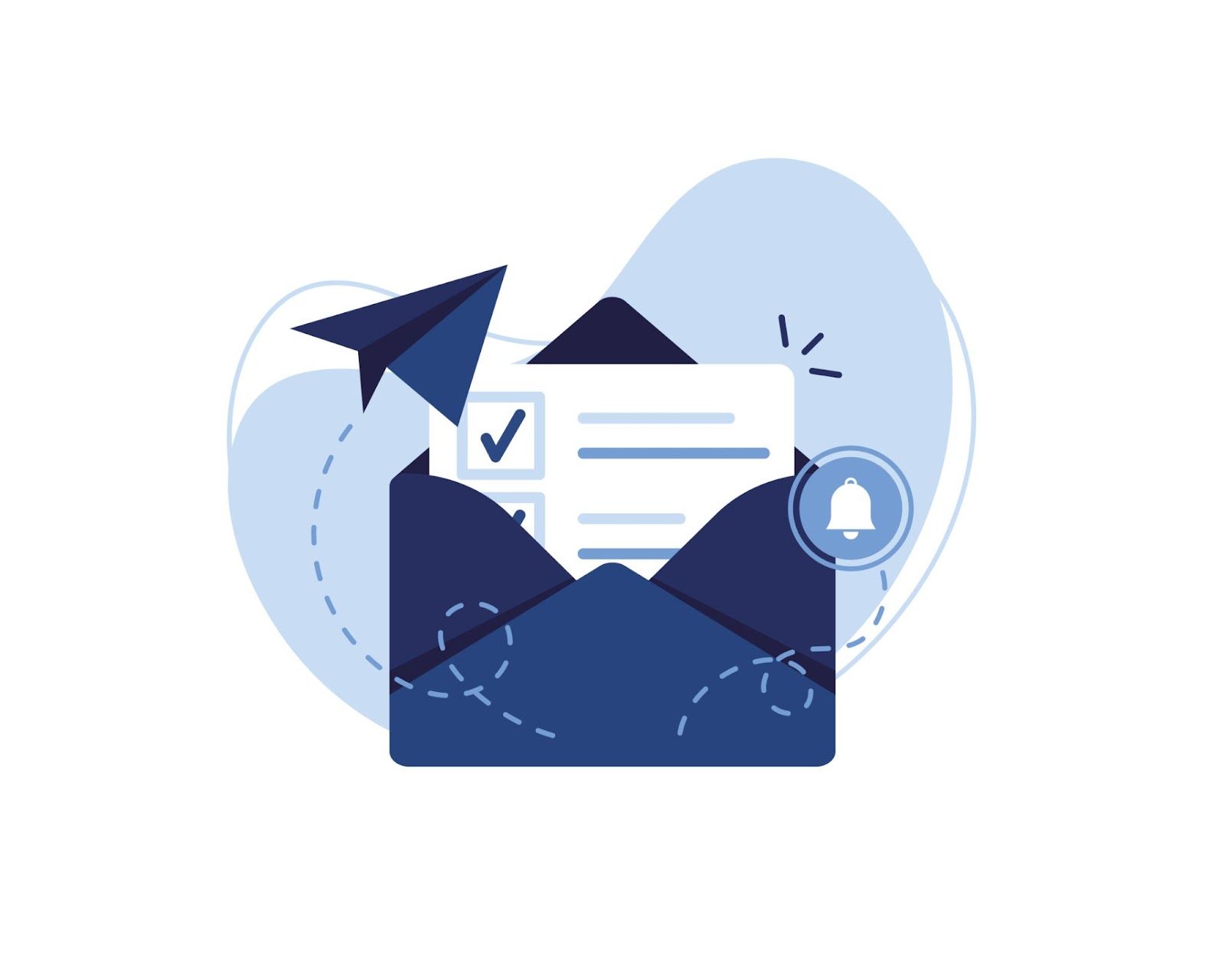The image depicts an open envelope with a checklist and a bell notification icon, accompanied by a paper airplane and abstract blue shapes.