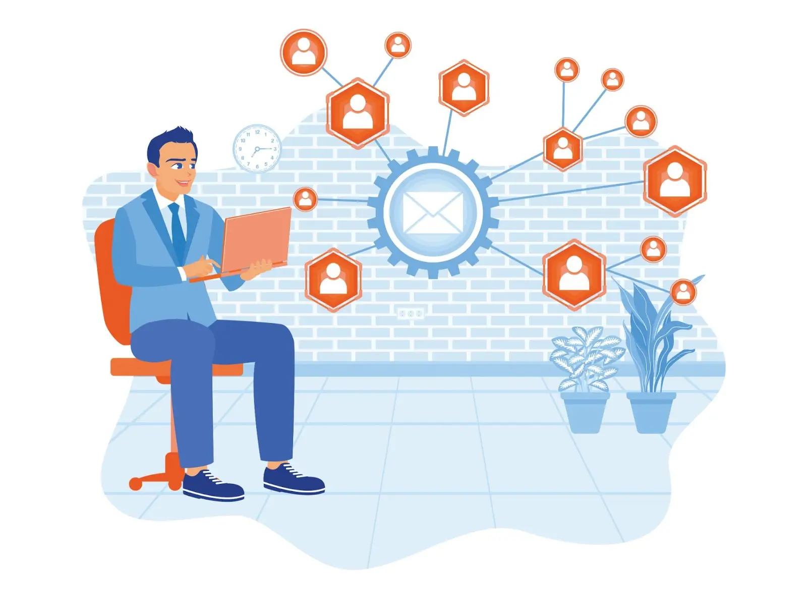 A man focused on his laptop, surrounded by email icons, symbolizing retargeting ads and marketing campaigns.