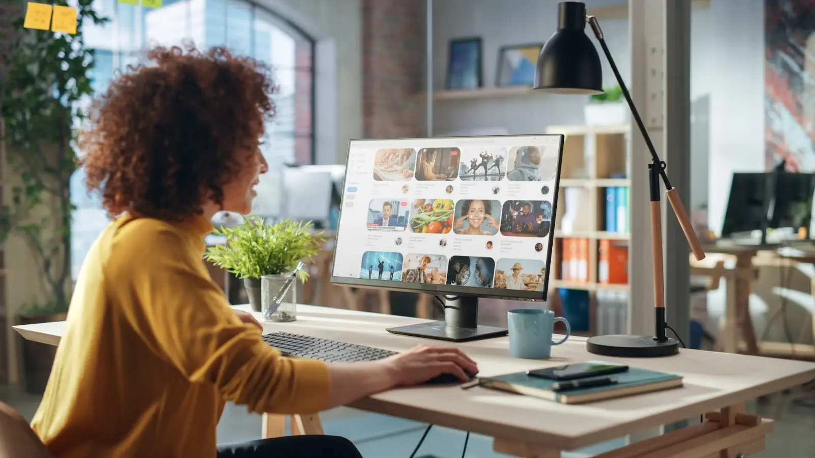 Person working at a desk with a monitor displaying a social media feed.