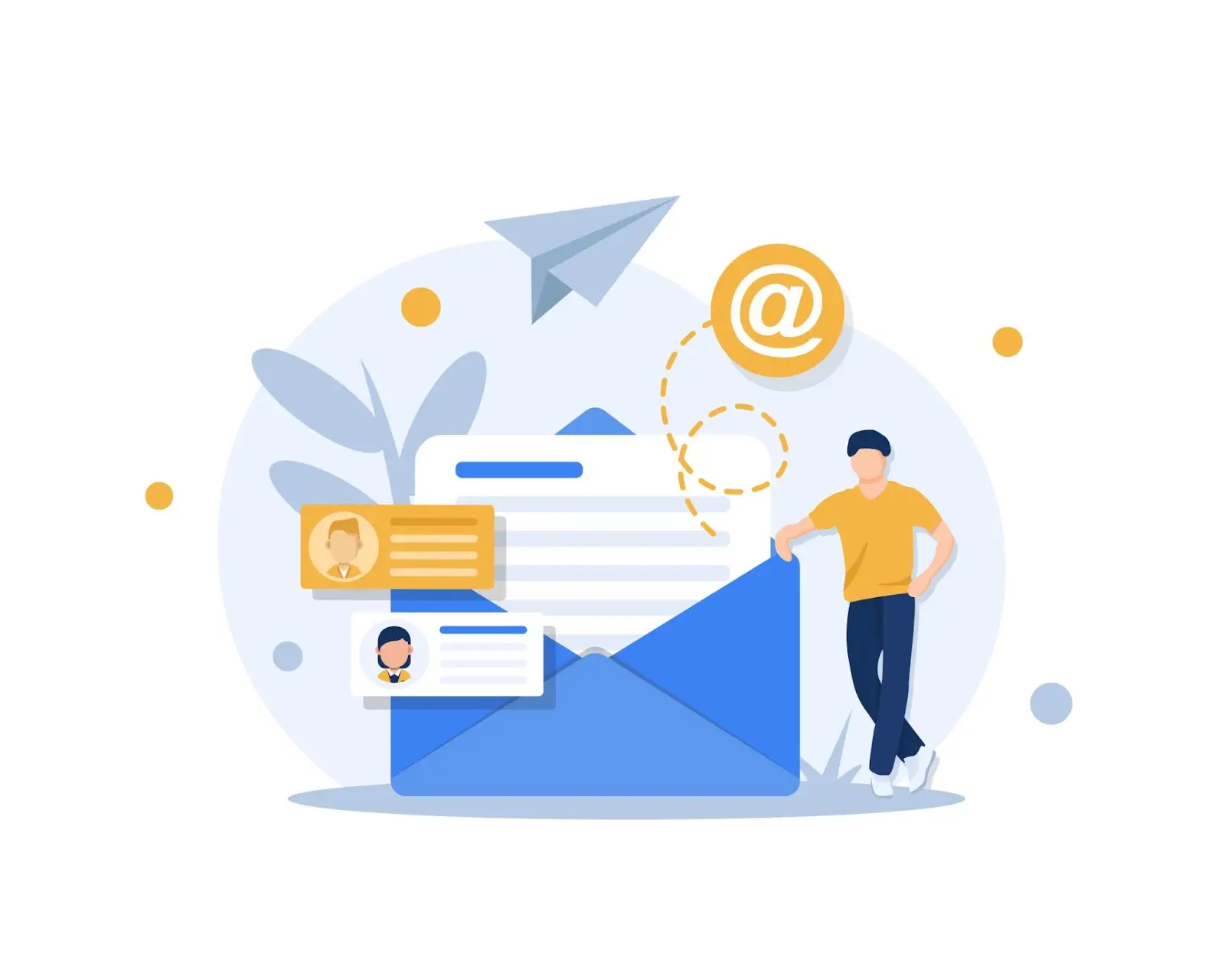 Illustration of a person standing next to an open email with profile cards and an 