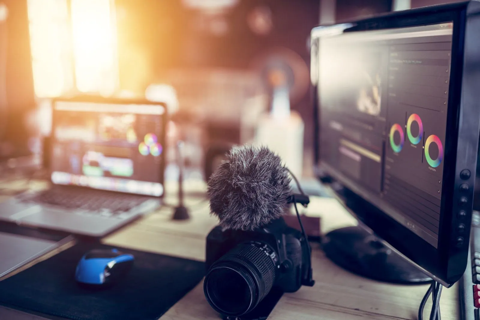 A workspace with a camera, microphone, laptop, and monitor displaying color wheels, bathed in warm sunlight.