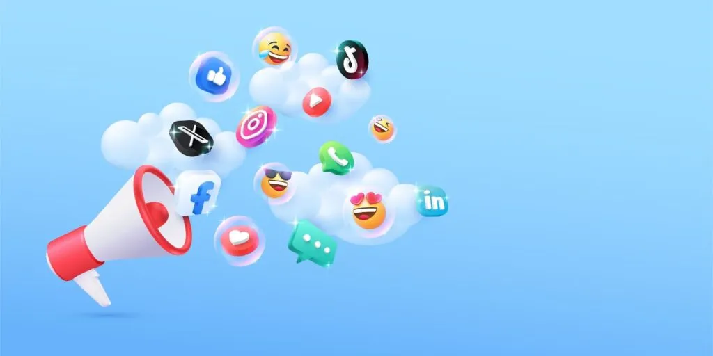 Megaphone broadcasting social media icons and emojis against a blue background.