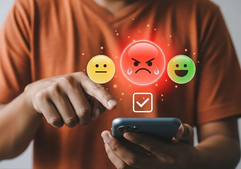 Person selecting an angry emoji on a smartphone with other emojis displayed.
